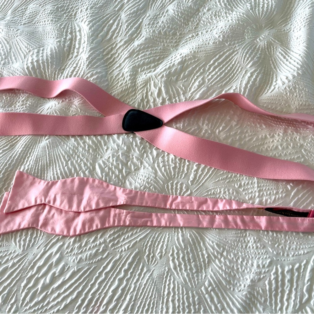 Bow tie and suspenders. Pink color. Mens.